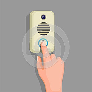 Hand push doorbell button in wall. concept in cartoon illustration vector
