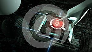 Hand push ICO launch red button in abstract virtual tech background. initial coin offer 3d render concept illustration