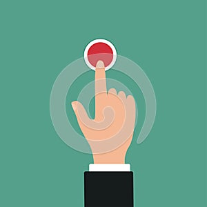 Hand push red button. Icon of web button