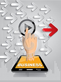 Hand push start button on touch screen to run video clip