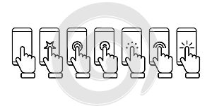 Hand push touchscreen icon set. Touch vector icon set. Flat touch icon for concept design. Isolated vector icon. Click arrow.
