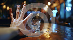 A hand pushes away the alcoholic glass, Symbolizing the power of sobriety and self-control over drinking alcohol photo