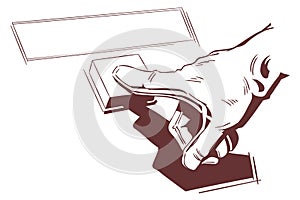 Hand pushes button. Stock illustration.