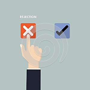 Hand pushing button with checkmark.Rejection and Approval decision concept.Hand, finger pressing buttons Rejection or Approval si