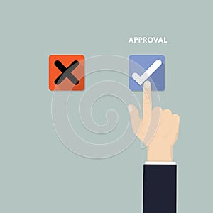 Hand pushing button with checkmark.Rejection and Approval decision concept.Hand, finger pressing buttons Rejection or Approval si