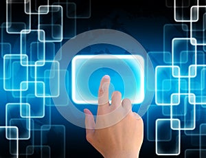 hand pushing button on a touch screen interface