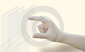 Hand pushing a button on a touch screen interface