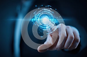 hand pushing a button on a touch screen interface