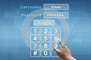 Hand pushing a button on touch screen interface login and password with futuristic security system