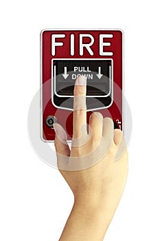 Hand is pushing fire alarm switch