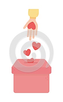 Hand pushing hearts love in box charity and donation concept