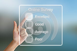 Hand pushing online survey on virtual screen