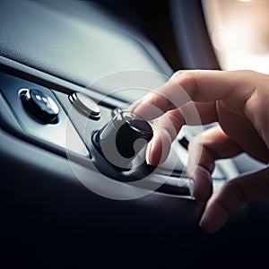 Hand Pushing on a smart start button on car control engine ignition for electric car automobile, Generative Ai