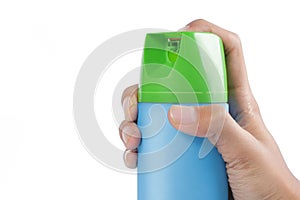 Hand pushing spray can