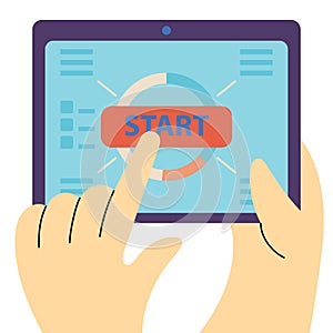 Hand pushing start button. Start up concept