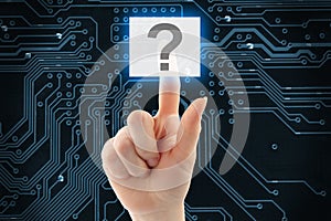 Hand pushing virtual question button