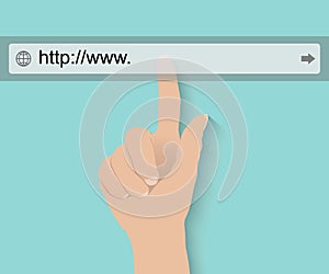 Hand pushing virtual search bar on turquoise background