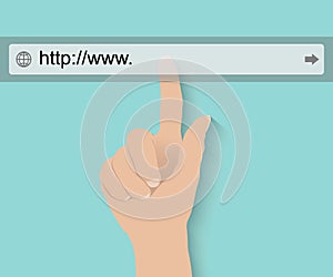 Hand pushing virtual search bar on turquoise background photo