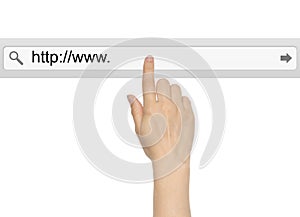 Hand pushing virtual search bar photo