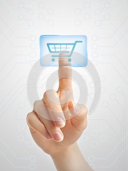Hand pushing virtual shopping cart