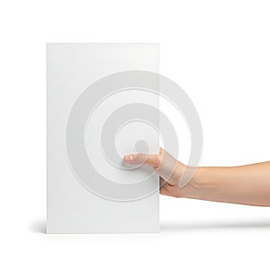 Hand pushing a white rectangular object against a white background