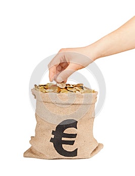 Hand put coin in bag with money