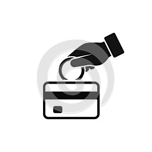 Hand put coin in bank card account icon, vector. Cash get a bank card, replenish card. replenishment process illustration