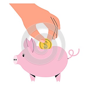 Hand put a coin or money into a piggy bank isolated on a white background. Concept of life personal savings, economy, income,