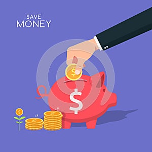 Hand put coin into piggy bank vector illustration. Saving money symbol