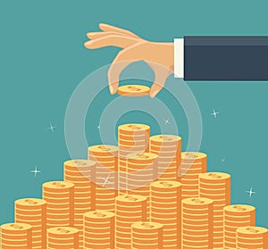 Hand put coin to money staircase. Vector illustration