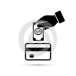 Hand put money in bank card account icon, vector. Cash get a bank card, replenish card. replenishment process illustration