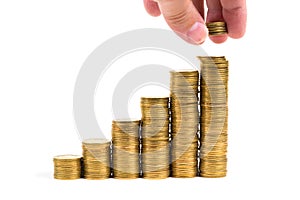Hand put money coins to stack of coins, Money, Financial, Business Growth and saving money concept