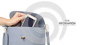 A hand put the phone in the female blue gray leather handbag pattern