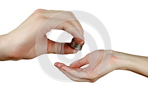 Hand puts coins in the other hand. Hands holding money. Transfer