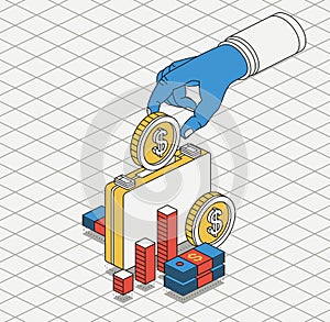 Hand puts a dollar coin inside of the briefcase. Isometric saving money concept. Investing and open bank deposit. Stack of dollars