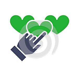 Hand puts three hearts rating colored icon. Customer satisfaction related symbol