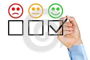 Hand putting check customer service evaluation form