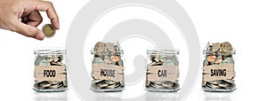 Hand putting coin in glass jar. Allocate money for foods, house, car and savings. Save money concept
