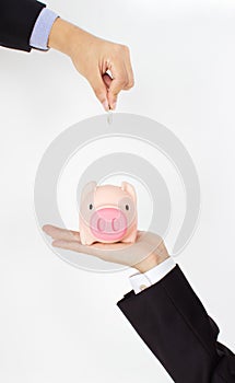 Hand putting coin into a piggy bank