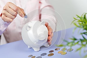 Hand putting coin into piggy bank. Selective focus. Piggy Bank, Savings, Currency