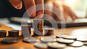 Hand putting coin stack step staircase on desk wit calculator. photo