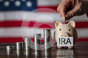 Hand putting coin to piggy bank and notes for IRA retirement fund. Pink piggy bank and money towers on the American flag