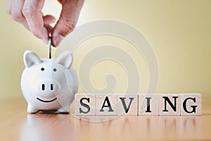 Hand putting coin into White piggy bank and wooden box with tag word saving for planning step up to growing, Saving money for