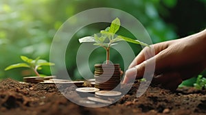 Hand putting coins with plant growing on coin stack over green blurred background. Business finance strategy, money