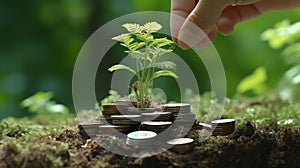 Hand putting coins with plant growing on coin stack over green blurred background. Business finance strategy, money