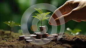 Hand putting coins with plant growing on coin stack over green blurred background. Business finance strategy, money