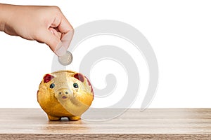 Hand putting euro coin into piggy bank on white background