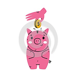 Hand Putting Golden Coin in Pink Money Box or Piggy Bank Vector Illustration