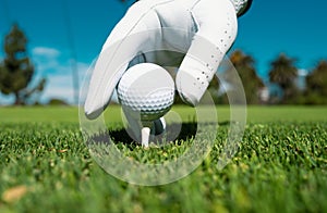 Hand putting golf ball on tee in golf course. Golf ball in grass. Golf ball on tee ready to be shot.