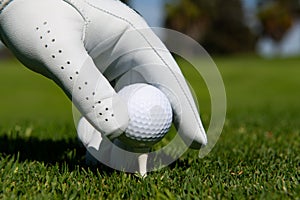 Hand putting golf ball on tee in golf course. Golf ball in grass. Golf ball on tee ready to be shot.